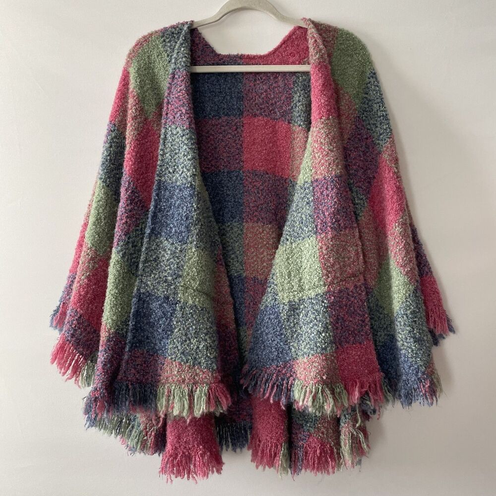 Branigan Weavers Open Front Fringed Plaid Wool Blend Poncho One Size-(mpv)